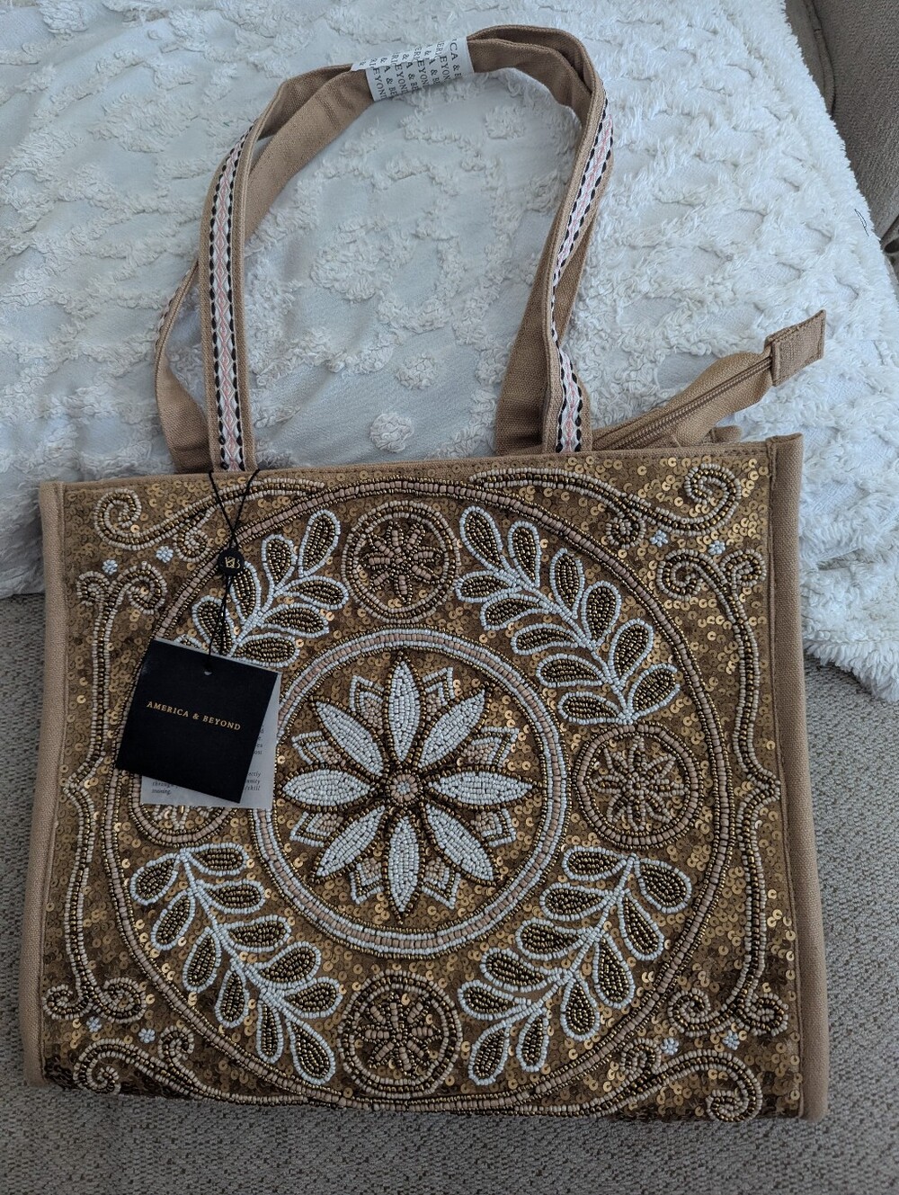 America & Beyond Beaded Tan Tote Bag With Crossbody Strap